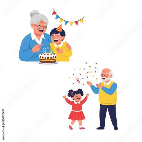 Grandparents celebrating happy moments with their grandchildren, featuring a birthday cake and confetti.