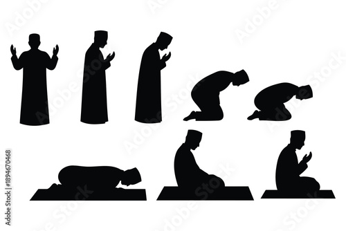Set of Muslim man silhouettes in various prayer positions on white background