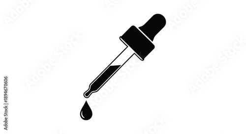 A minimalist black silhouette of a dropper displaying a single droplet against a stark white background silhouette