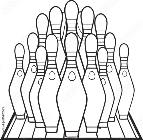 A black and white line drawing depicting a full set of bowling pins