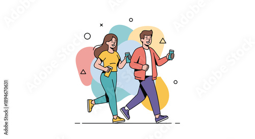 A happy young man and woman running or walking briskly while looking at their smartphones, set against a colorful abstract background.