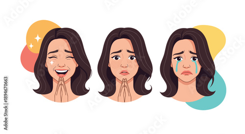 A set of three portraits of a woman showing a range of strong emotions: sparkling with joy, pleading with anxiety, and crying sadly.