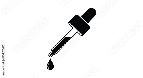 A simple black silhouette depicts a glass dropper with a single droplet falling showcasing a minimalist design silhouette