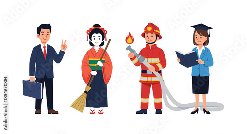 Collection of diverse cartoon characters representing various professions like a businessman, traditional Japanese woman, firefighter, and graduate.