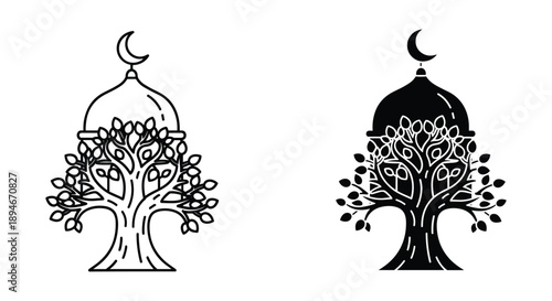 Islamic Tree Symbol with Crescent Moon Illustration