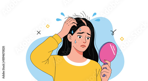 Worried young woman looking in a hand mirror, concerned about hair loss, thinning hair, or dandruff, sweating with anxiety.