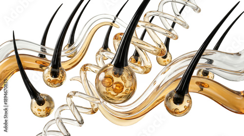 Hair follicle structure with oil droplets in glass and liquid style for dermatological science and hair care