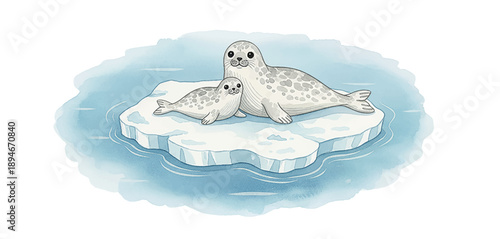 Happy mother seal and baby pup resting on an ice floe in blue water with a calm expression