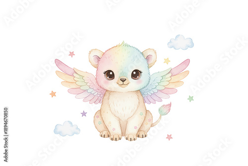 Cute happy rainbow winged lion cub sitting playfully surrounded by colorful stars and clouds watercolor illustration