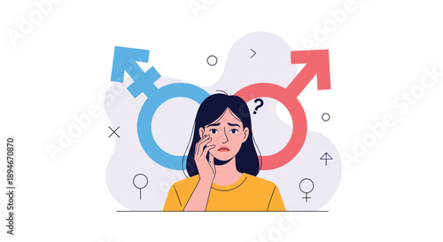 Confused young woman looking anxious with a question mark between male and female gender symbols, concept of gender identity crisis.