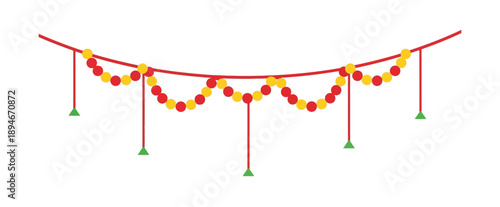 Traditional Indian toran garland with red and yellow marigold flowers and green mango leaves for Maha Shivaratri Hindu festival decoration