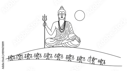 Line art illustration of Lord Shiva meditating on a hill with tiny pilgrims for Maha Shivaratri Hindu festival concept