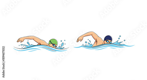 Two illustrations of a male athlete swimming the front crawl stroke in the water, wearing a swim cap and goggles for competition.