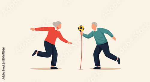 An active elderly couple playing tetherball together, showcasing a fun and healthy retirement lifestyle with outdoor physical activity.