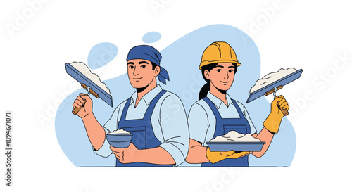 Professional male and female plasterers or construction workers in uniform holding trowels with plaster, ready for renovation work.