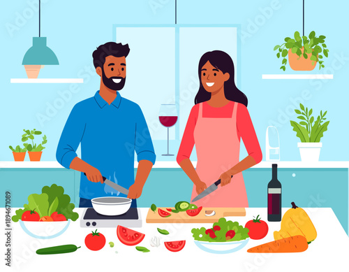 Young couple happily cooking together in a modern kitchen. Concept of partnership, healthy lifestyle, and romantic domestic life. Flat vector illustration.