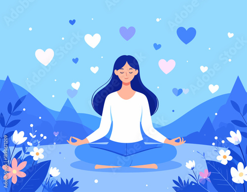 A serene illustration of a woman meditating in a lotus position amidst a peaceful blue landscape with floating hearts and flowers.