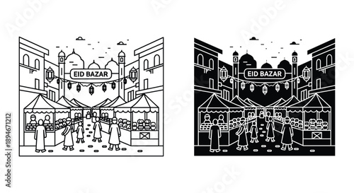 Black and White Illustration of City Scene