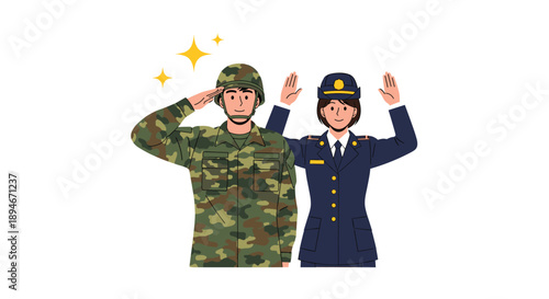 A male soldier in camouflage uniform and a female police officer saluting, representing military and law enforcement professionals together.