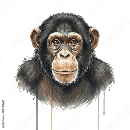 A detailed watercolor portrait of a chimpanzee looking directly at viewer with a gentle expression