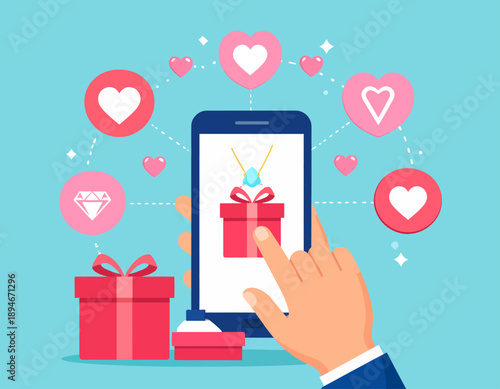 A hand interacting with a smartphone displaying a gift box and jewelry, surrounded by heart and diamond icons, representing online shopping and gifting.
