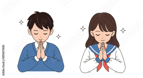 A male and female Japanese student in casual school uniforms are shown with their eyes closed and hands together in a prayerful gesture.