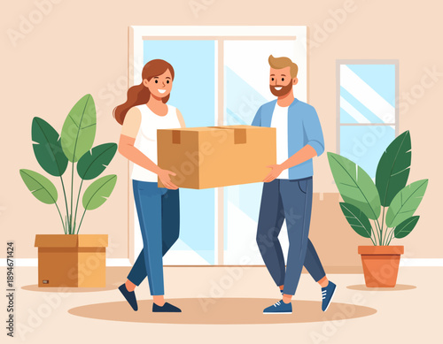 Happy couple moving into a new home, carrying a large cardboard box together.