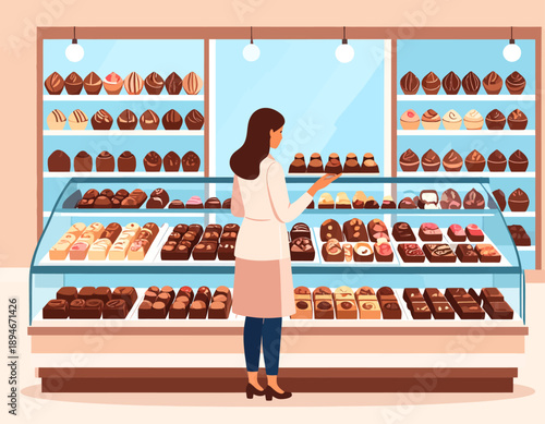 A woman in an apron stands in a brightly lit chocolate shop, arranging and admiring a wide variety of chocolates, truffles, and pastries displayed in glass cases and on shelves.