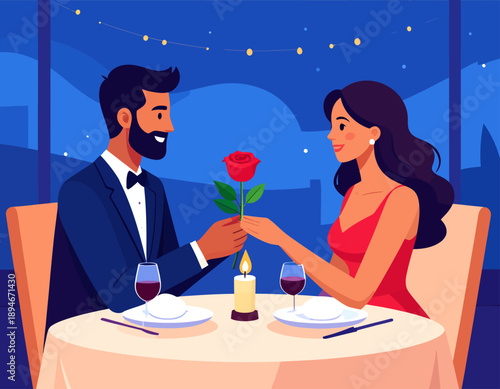 A romantic evening date with a man giving a red rose to a woman at a candlelit table.