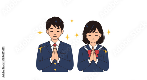 Male and female Japanese high school students in formal uniforms praying with their hands together, surrounded by sparkling effects.