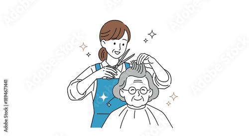 A friendly female hairdresser giving a haircut to a happy elderly woman, with sparkles indicating a fresh and stylish new look.