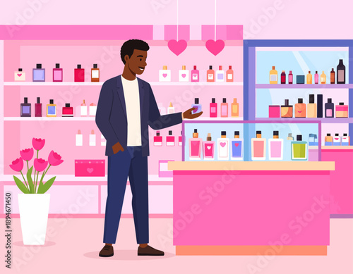 A young Black man shopping for perfume in a vibrant pink-themed cosmetics store, holding a bottle to examine it.