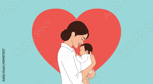 A beautiful and tender illustration of a mother lovingly holding her sleeping newborn baby against a background with a large red heart.