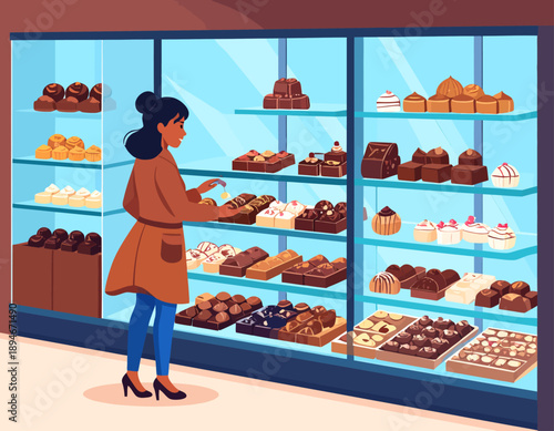 A woman in a brown coat looking at a wide selection of chocolates and sweets in a brightly lit display case at a confectionery shop.