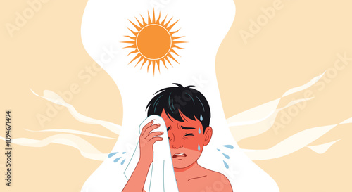 A young boy suffering from heatstroke, sweating and wiping his forehead with a towel under a blazing hot sun in the summer.