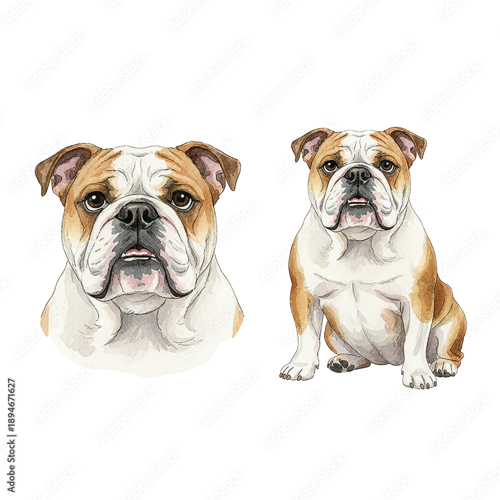 Obraz premium A detailed watercolor illustration of two friendly bulldogs one a headshot and the other sitting looking calm