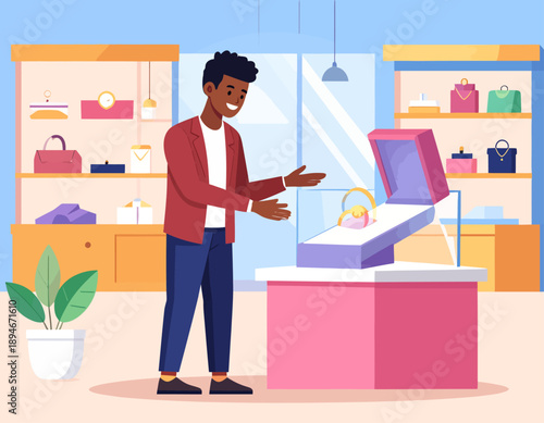 A man shopping for an engagement ring or jewelry at a luxury boutique counter. Flat vector illustration of gift shopping and romance.