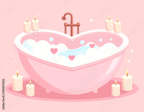 A cute pink heart-shaped bathtub filled with bubbles and floating hearts, surrounded by lit candles, creating a romantic and relaxing atmosphere.