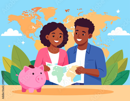 Couple looking at a world map with a piggy bank to save for travel. Concept of financial planning and vacation dreams. Flat vector.