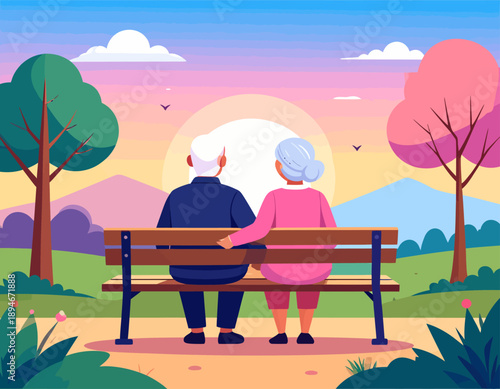 Elderly senior couple sitting on a park bench watching the sunset. Concept of long-lasting love, retirement, and togetherness. Flat vector.