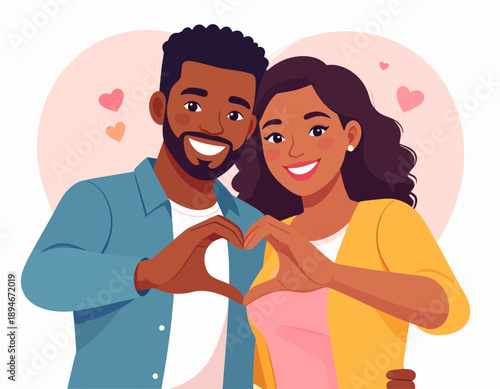 A happy Black couple smiling and forming a heart shape with their hands, surrounded by small hearts, symbolizing love and affection.