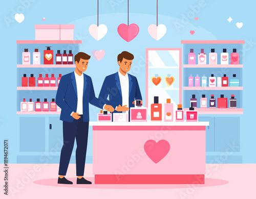 Two men in a pink-themed perfume or cosmetics shop, surrounded by products and heart decorations.