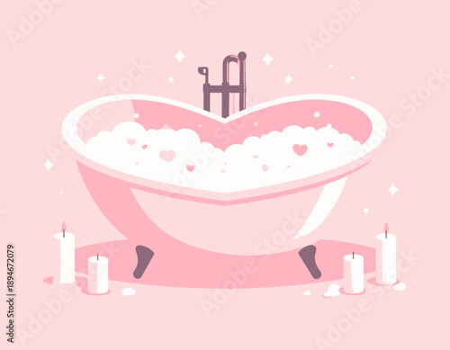 Romantic pink bathtub with heart-shaped bubbles and lit candles. Concept of relaxation, self-care, and Valentine's Day wellness. Flat vector.
