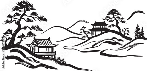 Traditional ink-inspired illustration of a serene landscape with mountains and trees, evoking peace and tranquility.