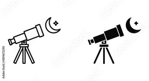 Black and White Illustration of Telescopes Observing the Moon