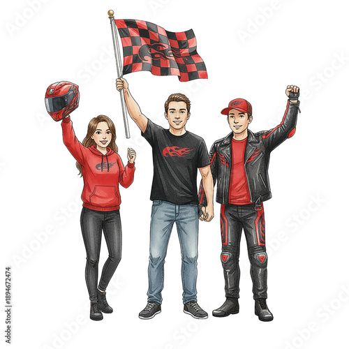 Joyful young Caucasian male and female racing enthusiasts celebrating victory with a helmet race flag and raised fist