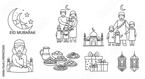 A collection of line art illustrations depicting various elements associated with the Islamic festival of Eid al-Fitr, including families, mosques, food, gifts, and crescent moons.