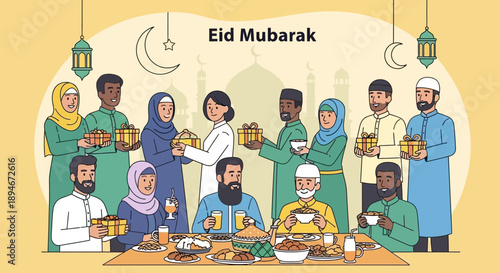 Diverse group of people celebrating Eid Mubarak, exchanging gifts and sharing a meal together.
