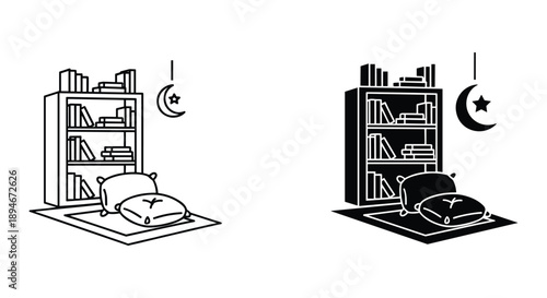 Ramadan Kareem Illustration with Prayer Mat and Bookshelf