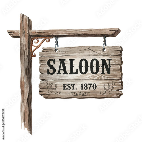 A rustic wooden saloon sign with EST 1870 hanging from a post in a vintage western style watercolor painting